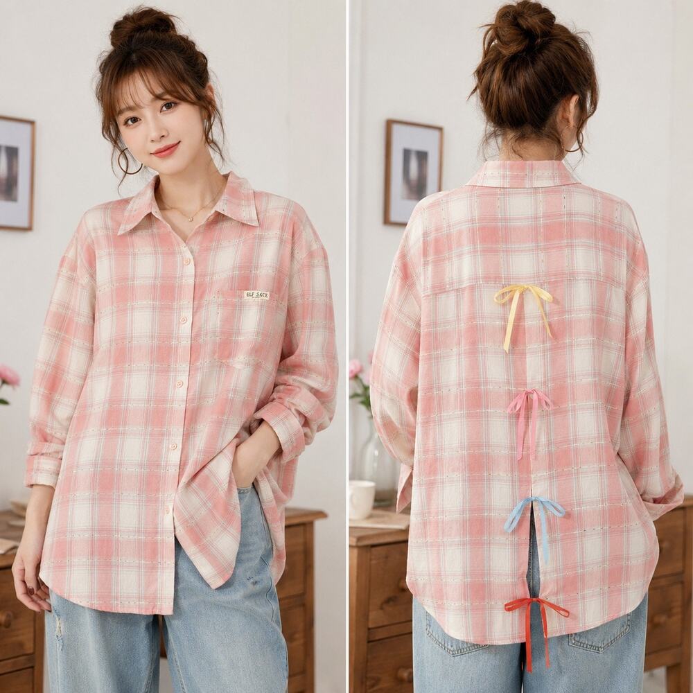 Elfsack Women’s Plaid Button Up Metallic Woven Accents Ribbon Tie Back SzL